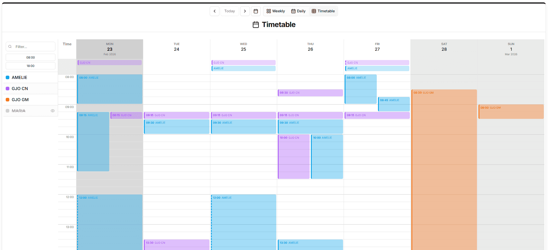 Kalensio Timetable View (Light)